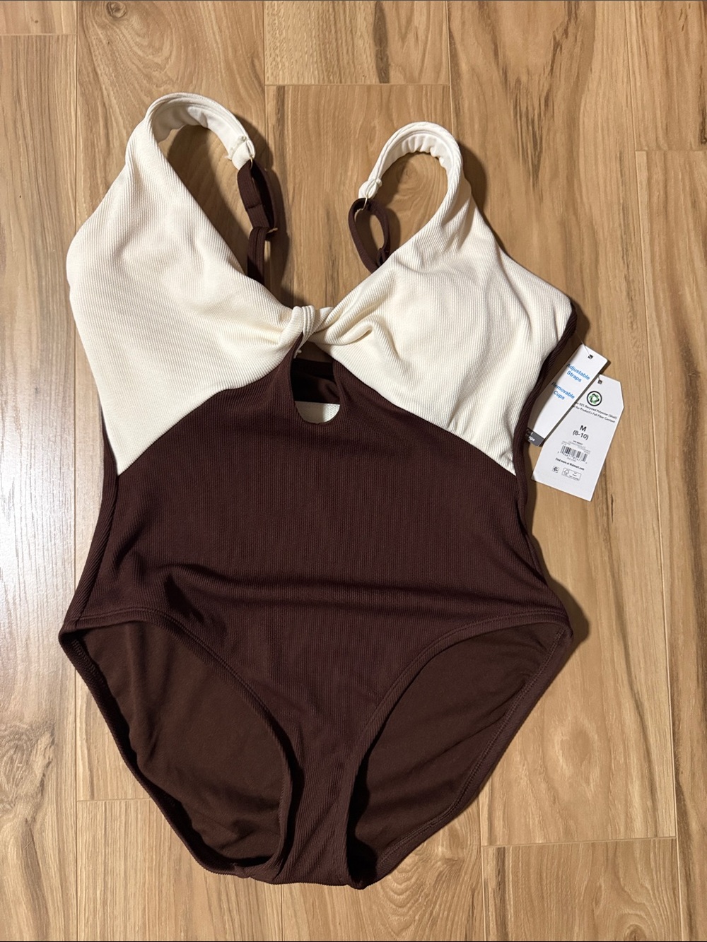 Time and Tru Cream and Brown Twist-Front One-Piece Swimsuit